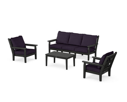 POLYWOOD® Chippendale 4-Piece Deep Seating Set with Sofa in Black / Navy Linen