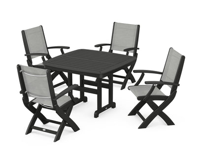 POLYWOOD® Coastal Folding Chair 5-Piece Dining Set in Black / Metallic Sling