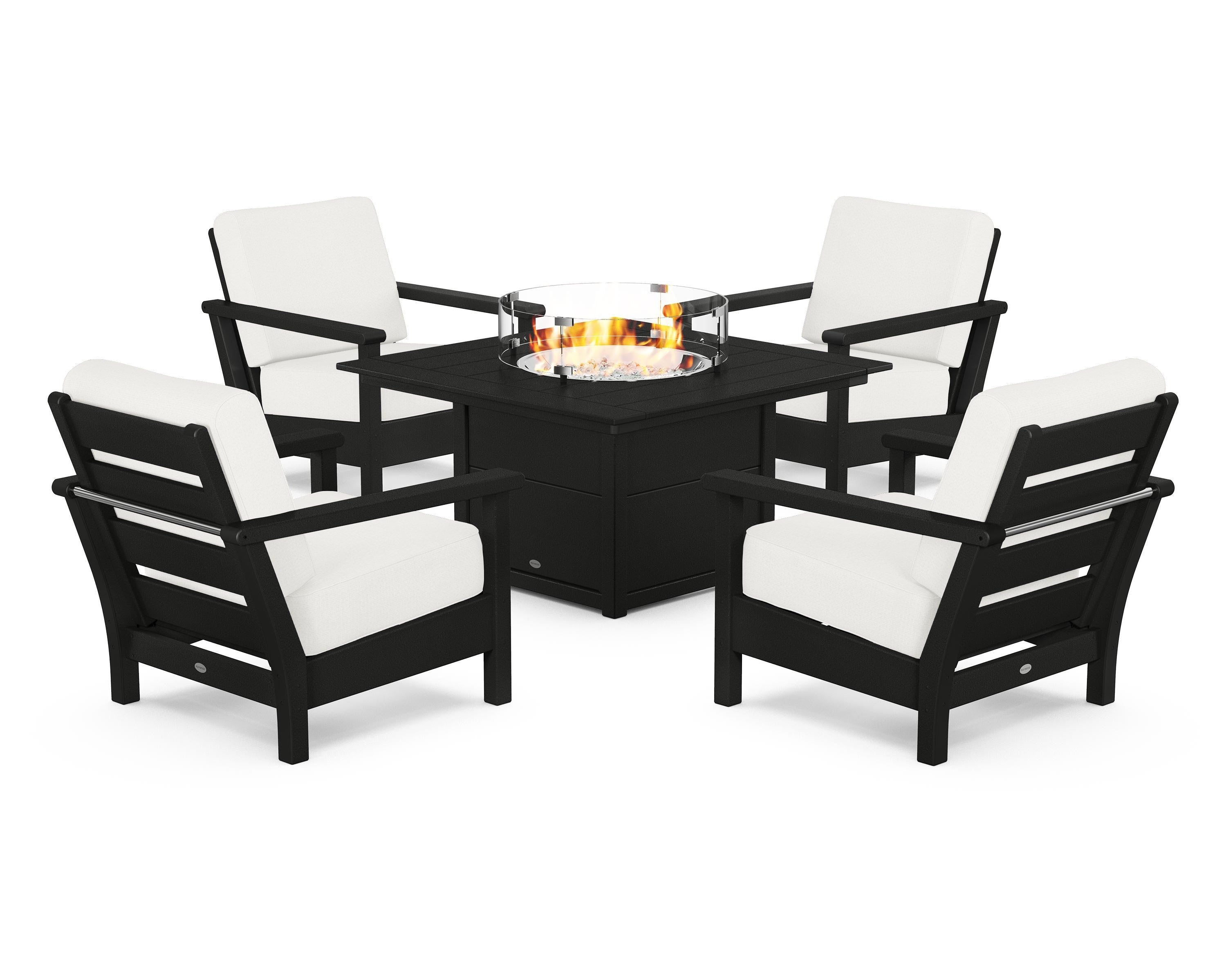POLYWOOD® Harbour 5-Piece Conversation Set with Fire Pit Table in Black / Natural Linen