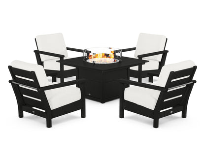 POLYWOOD® Harbour 5-Piece Conversation Set with Fire Pit Table in Black / Natural Linen