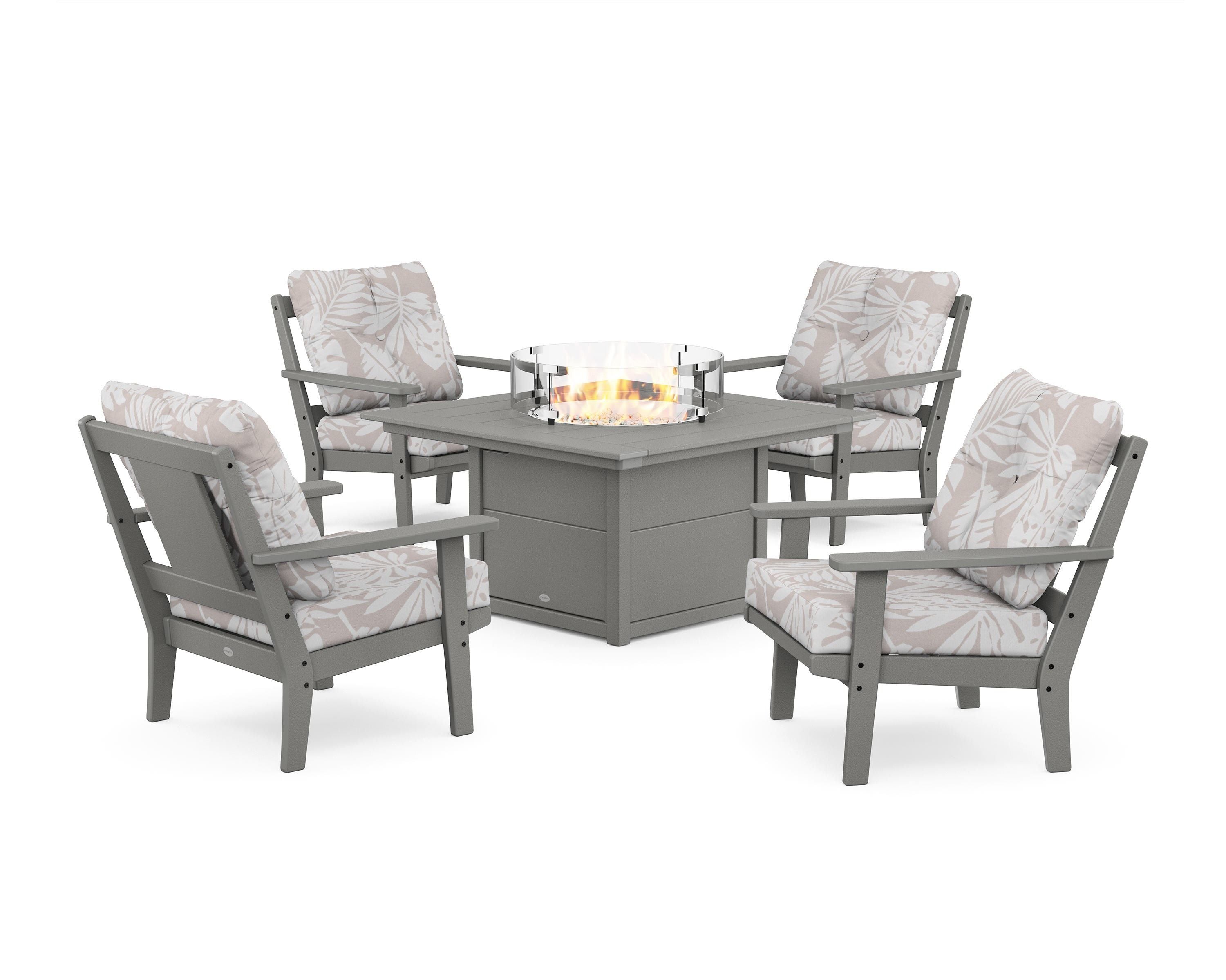 POLYWOOD® Prairie 5-Piece Deep Seating Set with Fire Pit Table in Slate Grey / Leaf Dune Burlap