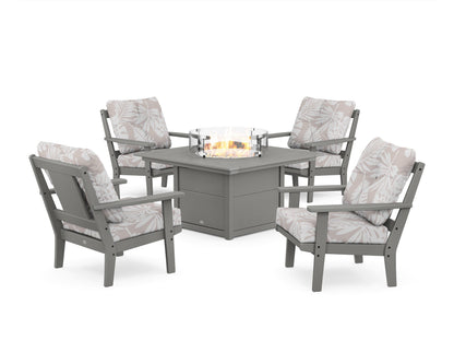 POLYWOOD® Prairie 5-Piece Deep Seating Set with Fire Pit Table in Slate Grey / Leaf Dune Burlap