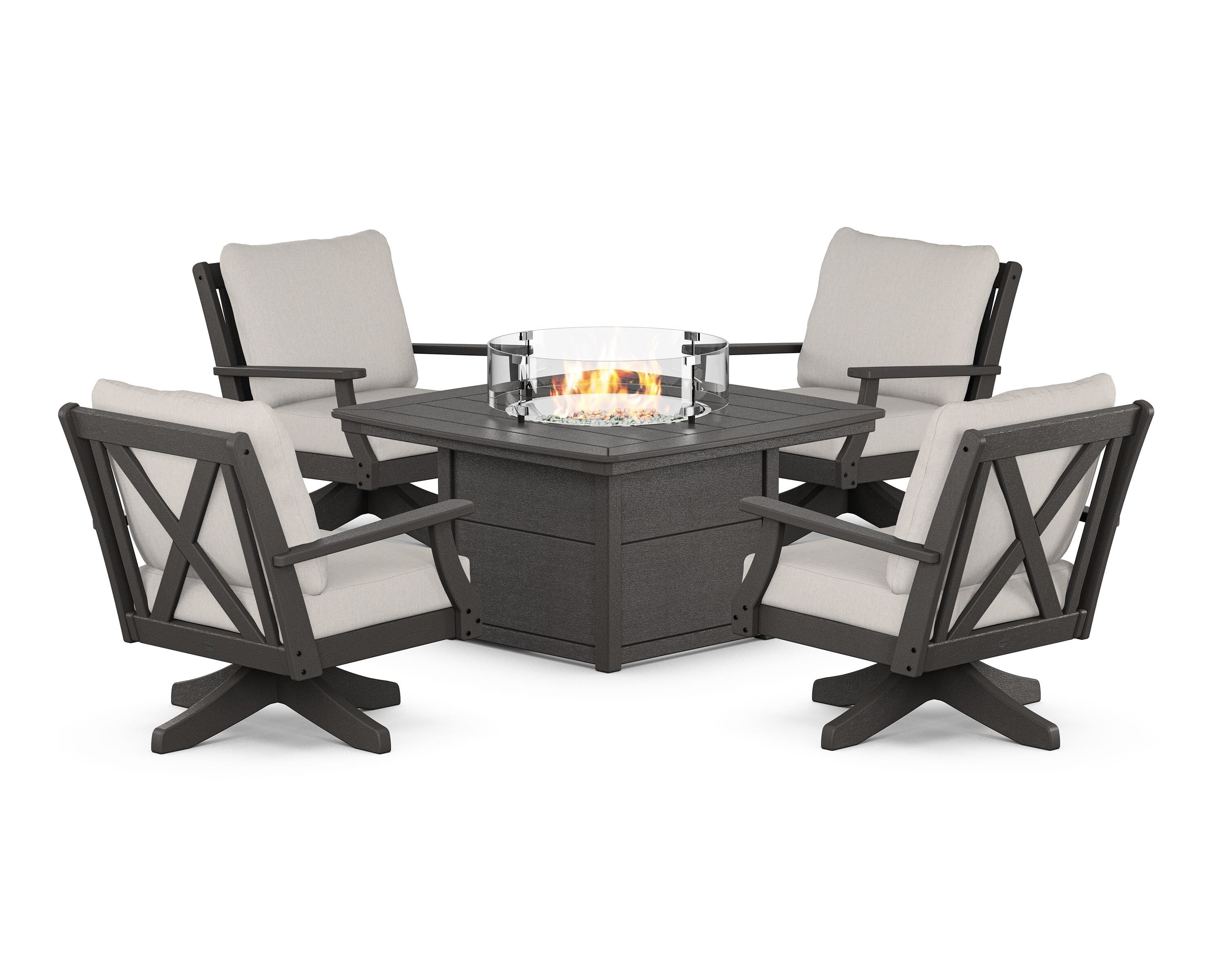 POLYWOOD® Braxton 5-Piece Deep Seating Swivel Conversation Set with Fire Pit Table in Vintage Coffee / Cast Ash