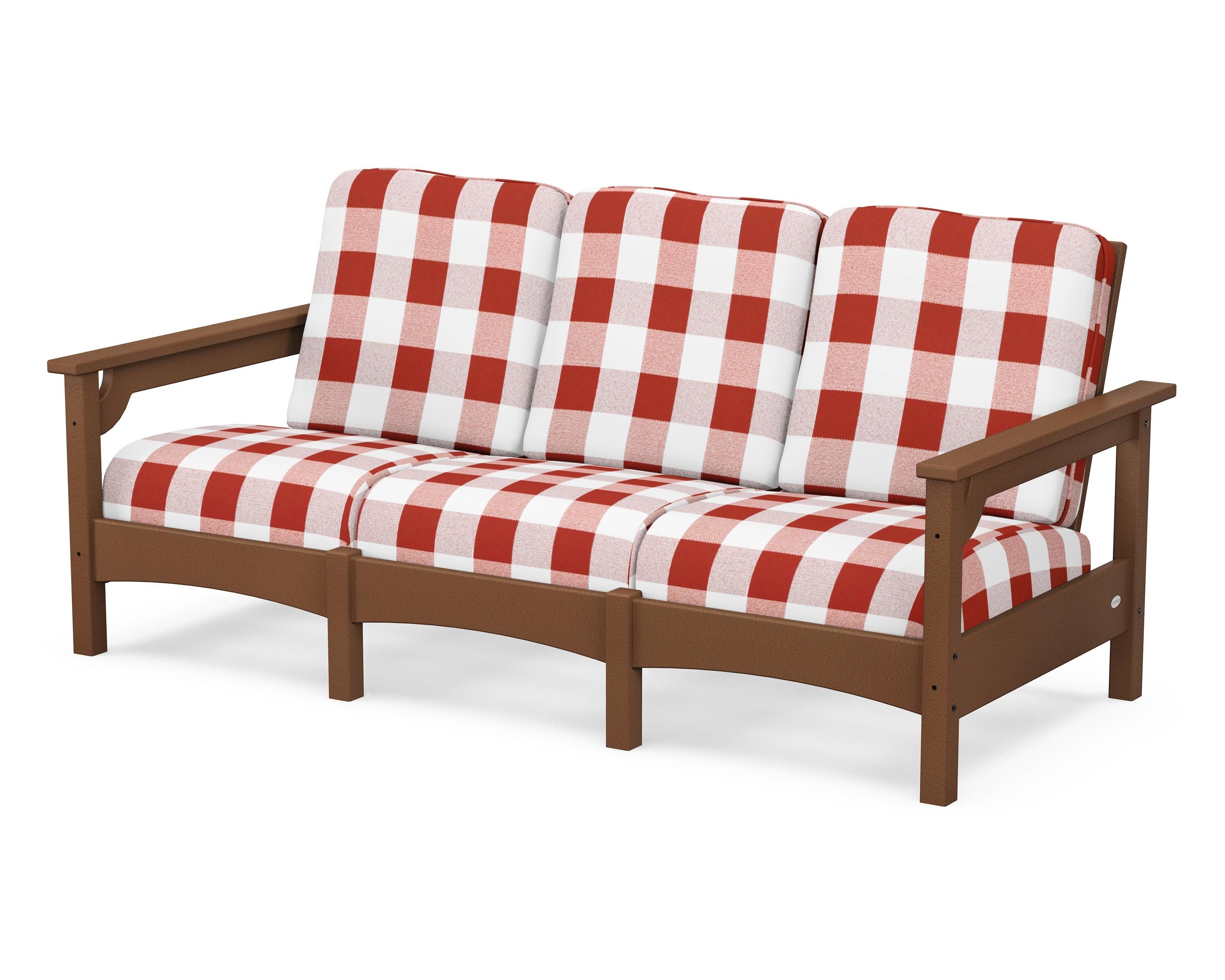 POLYWOOD® Club Sofa in Teak / Buffalo Plaid Crimson