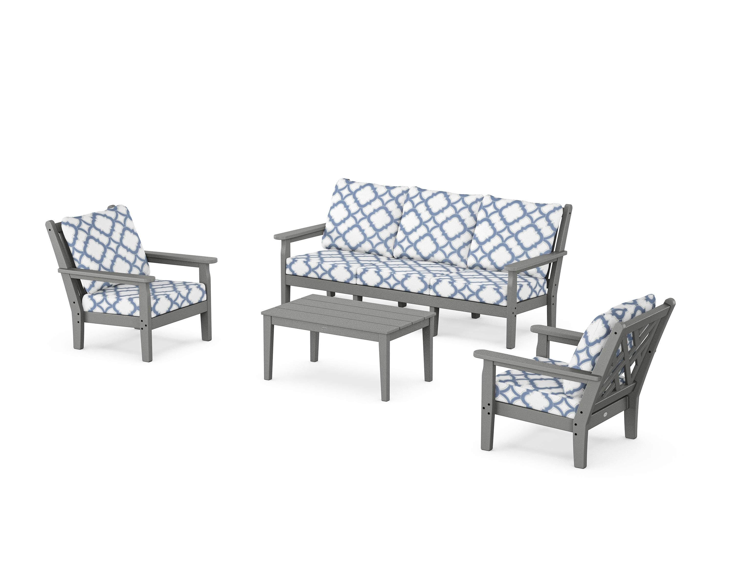 POLYWOOD® Chippendale 4-Piece Deep Seating Set with Sofa in Slate Grey / Trellis Sky Blue