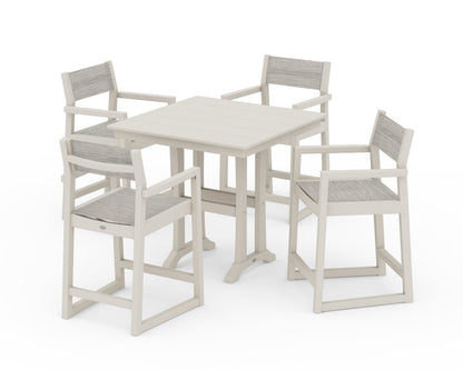 POLYWOOD® EDGE Sling Arm Chair 5-Piece Farmhouse Counter Set with Trestle Legs in Sand / Birch Sling