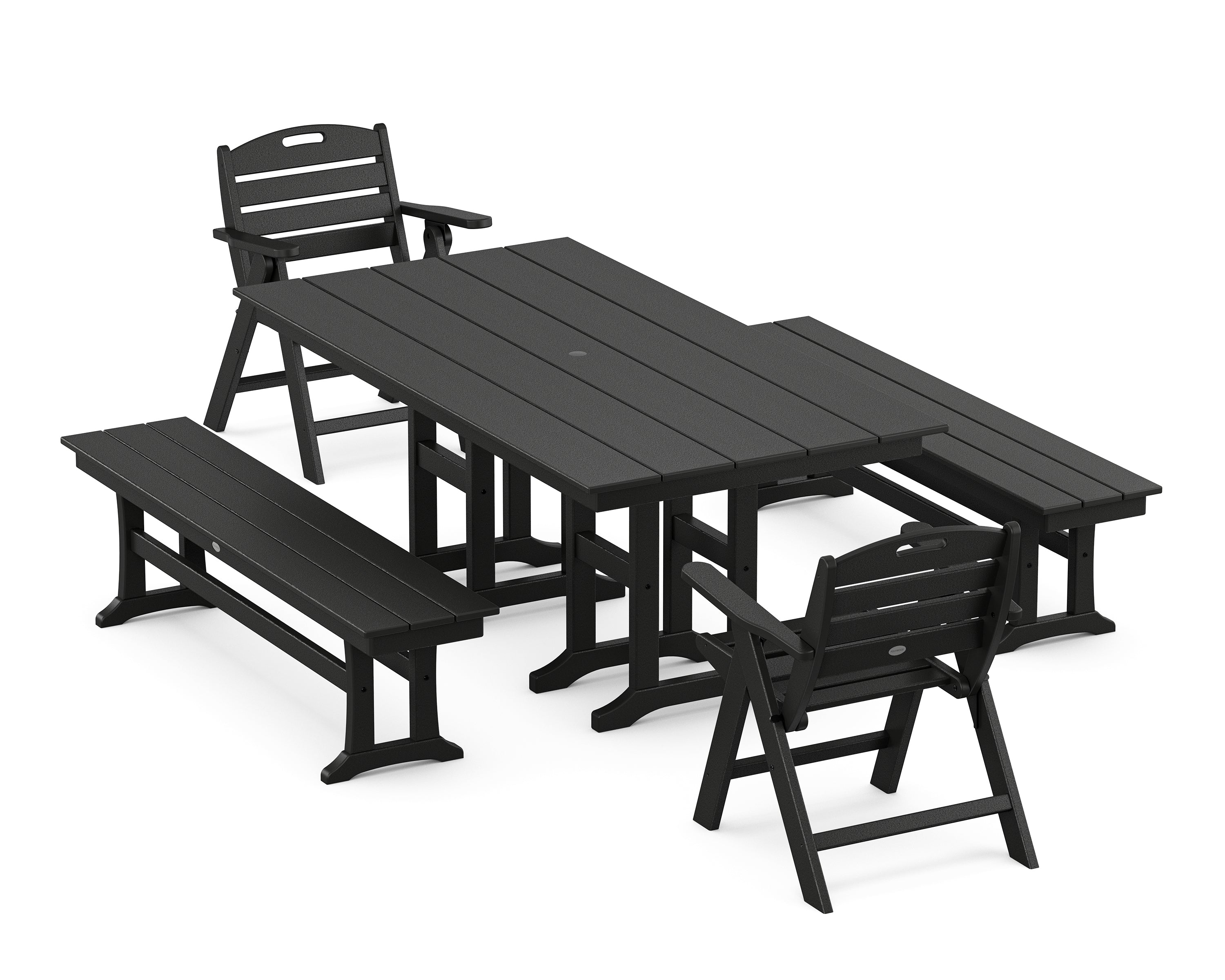 POLYWOOD® Nautical Lowback 5-Piece Farmhouse Dining Set with Benches in Black