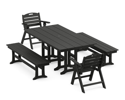 POLYWOOD® Nautical Lowback 5-Piece Farmhouse Dining Set with Benches in Black