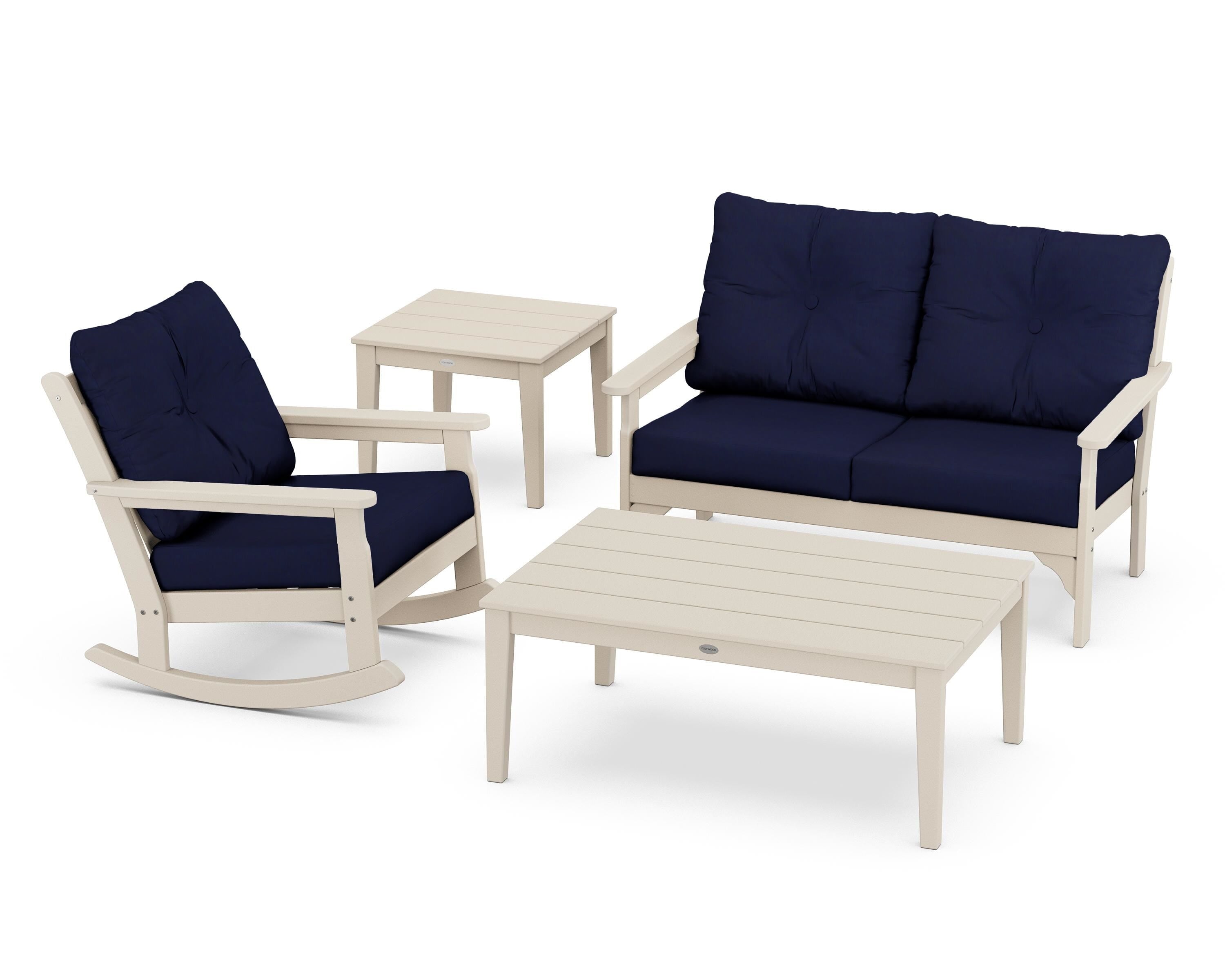 POLYWOOD® Vineyard 4-Piece Deep Seating Rocker Set in Sand / Navy