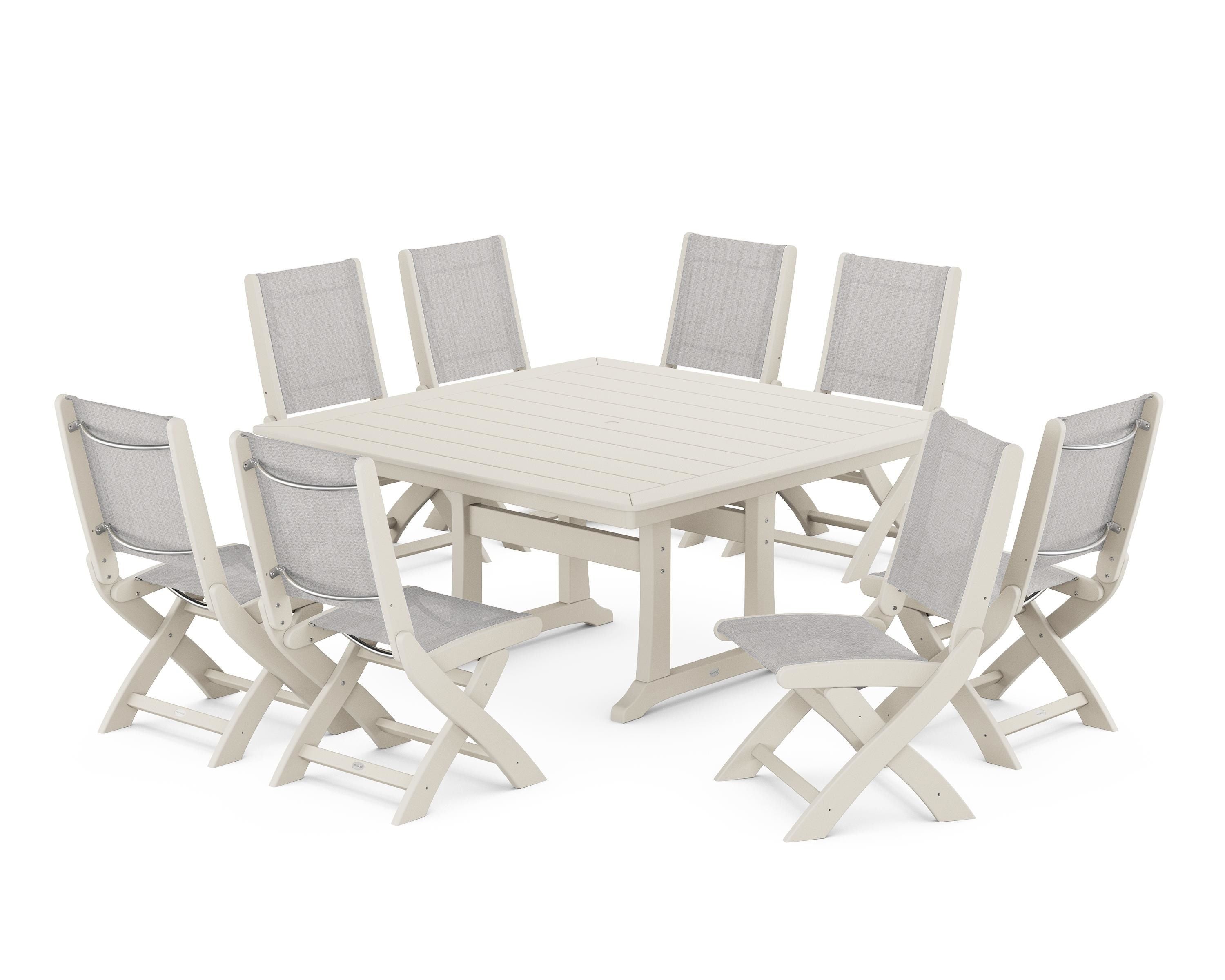 POLYWOOD® Coastal Folding Side Chair 9-Piece Dining Set with Trestle Legs in Sand / Parchment Sling