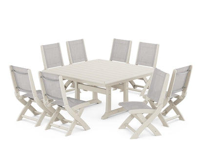 POLYWOOD® Coastal Folding Side Chair 9-Piece Dining Set with Trestle Legs in Sand / Parchment Sling