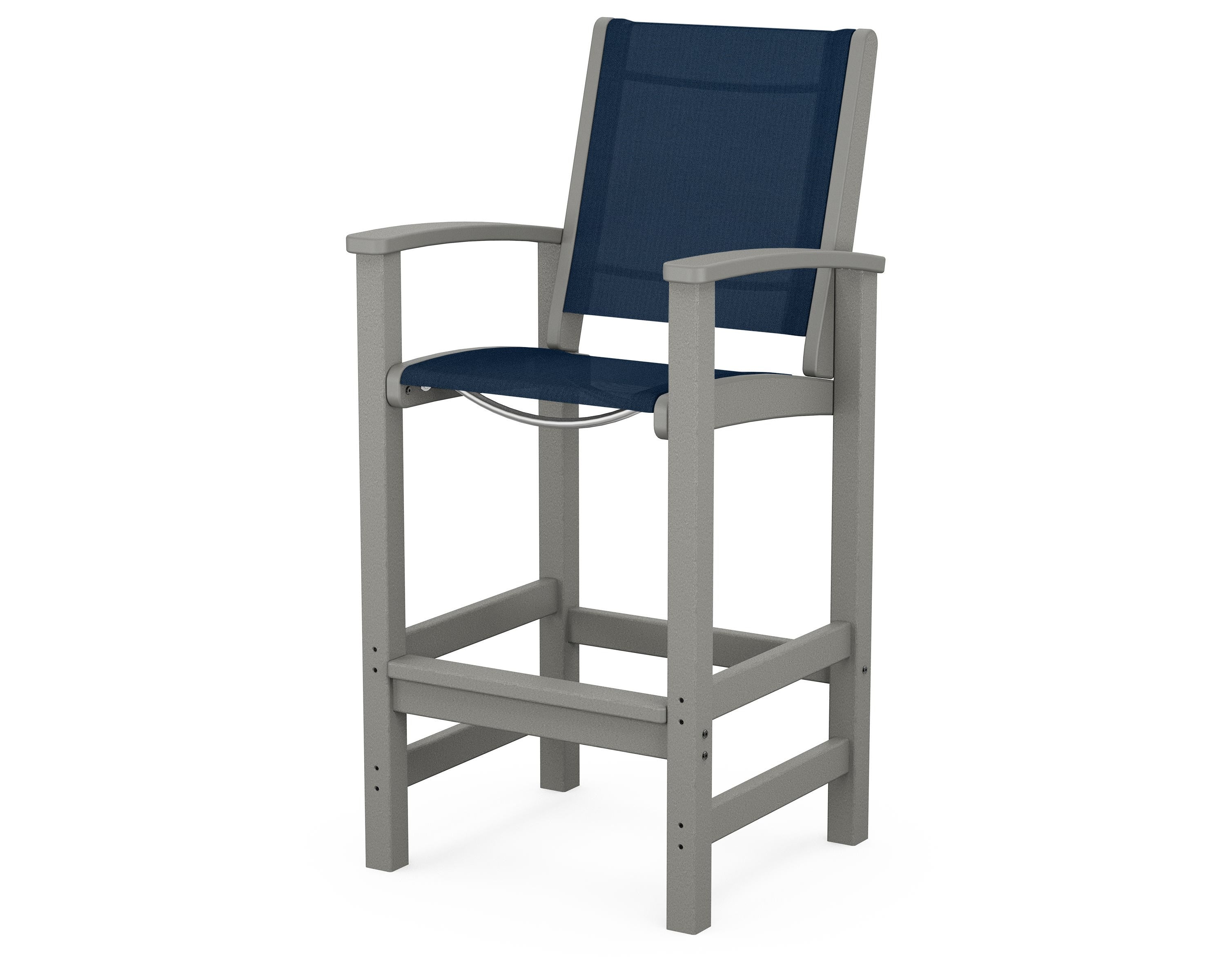 POLYWOOD® Coastal Bar Chair in Slate Grey / Navy Blue Sling