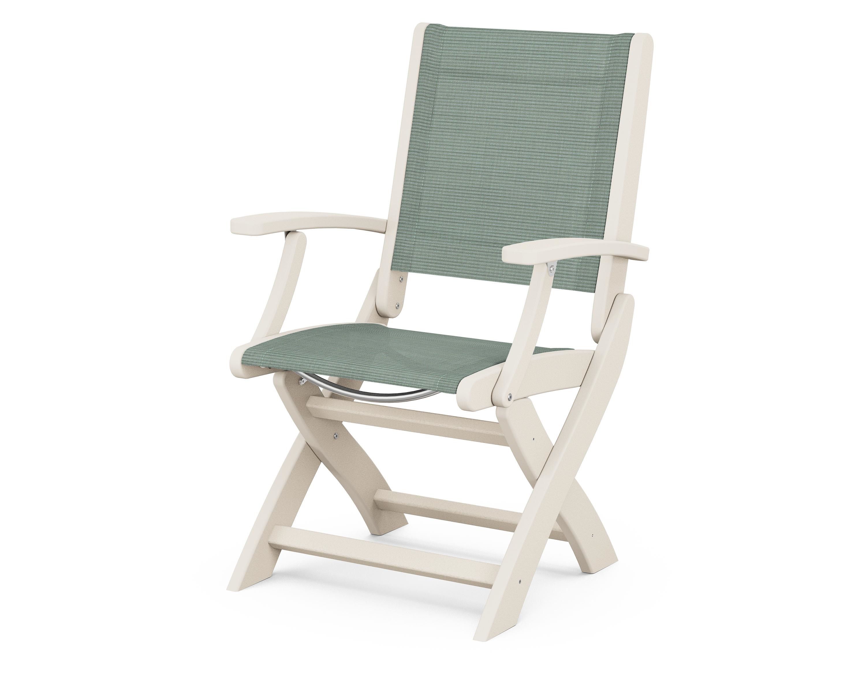 POLYWOOD® Coastal Folding Chair in Sand / Dupioni Sea Mist Sling