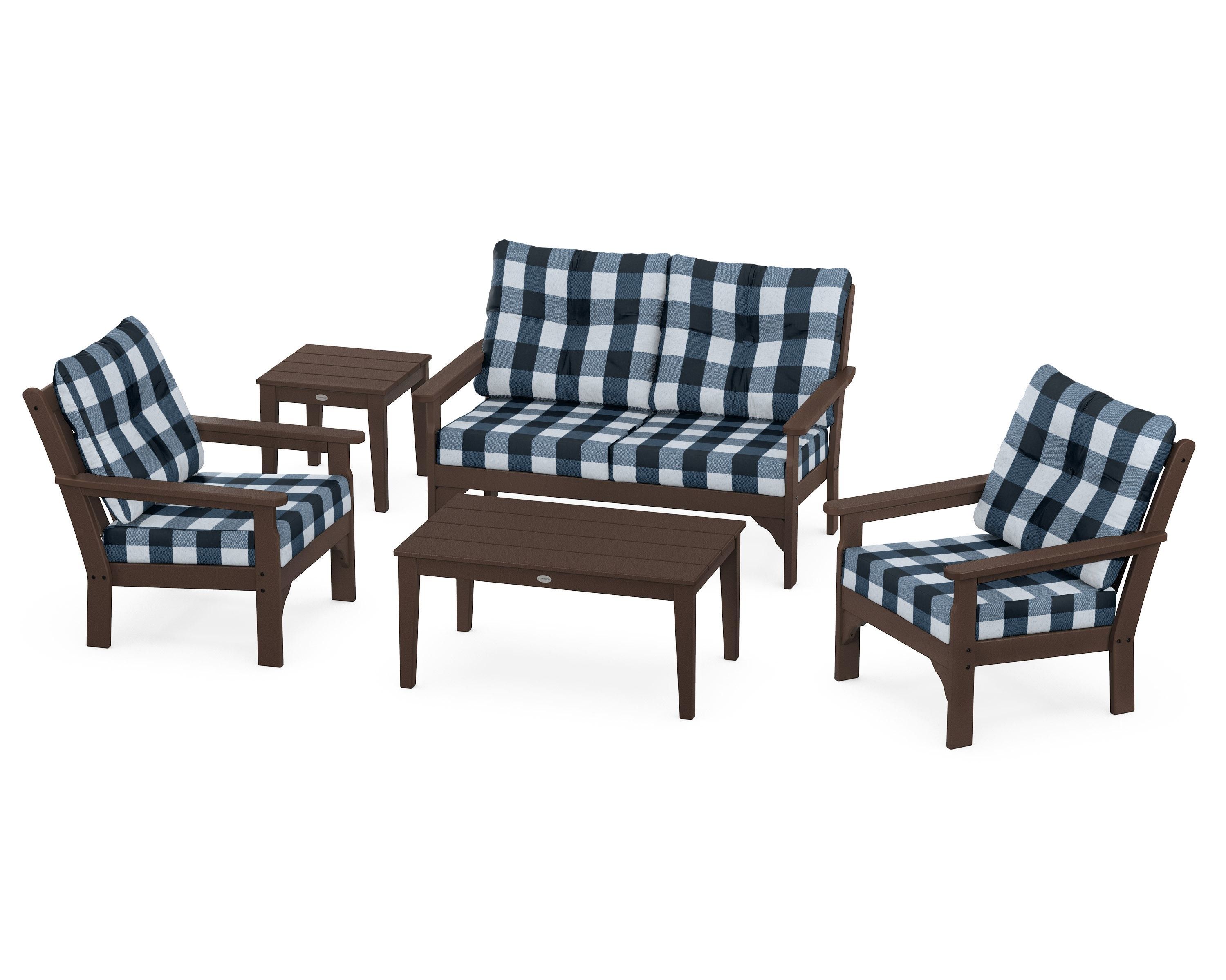 POLYWOOD® Vineyard 5-Piece Deep Seating Set in Mahogany / Buffalo Plaid Marine Indigo