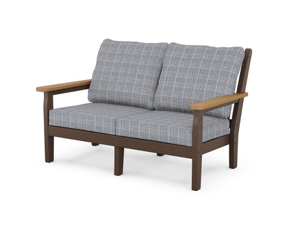 POLYWOOD® Chippendale Deep Seating Loveseat in Mahogany / Natural / Houndstooth Sky Blue