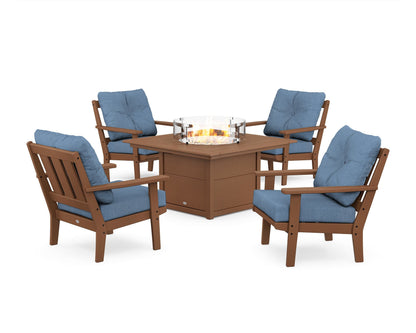 POLYWOOD® Oxford 5-Piece Deep Seating Set with Fire Pit Table in Teak / Sky Blue