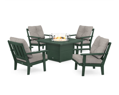 POLYWOOD® Oxford 5-Piece Deep Seating Set with Fire Pit Table in Green / Weathered Tweed