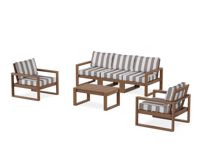 POLYWOOD® EDGE Sectional 4-Piece Deep Seating Set with Sofa in Teak / Cabana Stripe Grey Mist