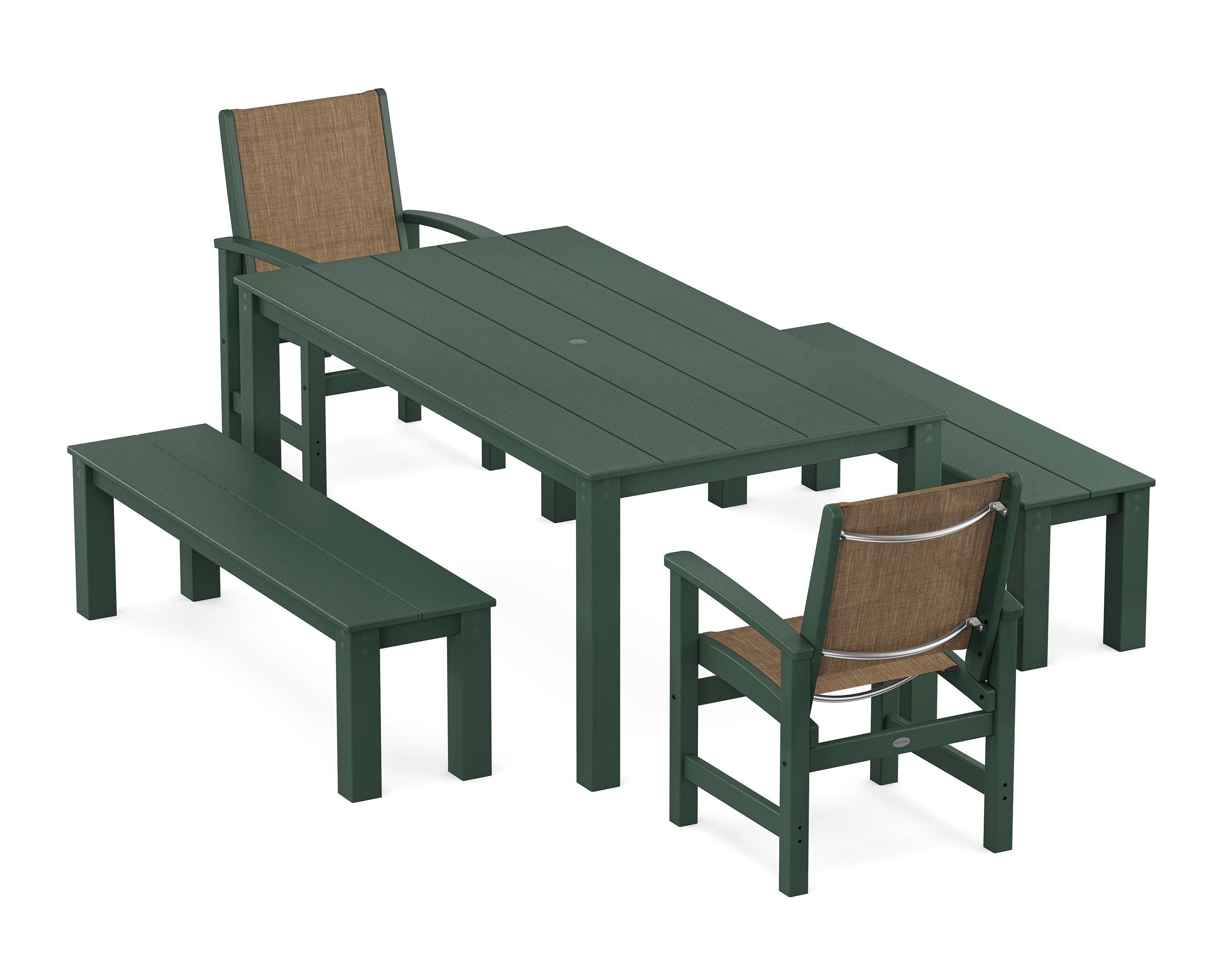 POLYWOOD® Coastal 5-Piece Parsons Dining Set with Benches in Green / Burlap Sling