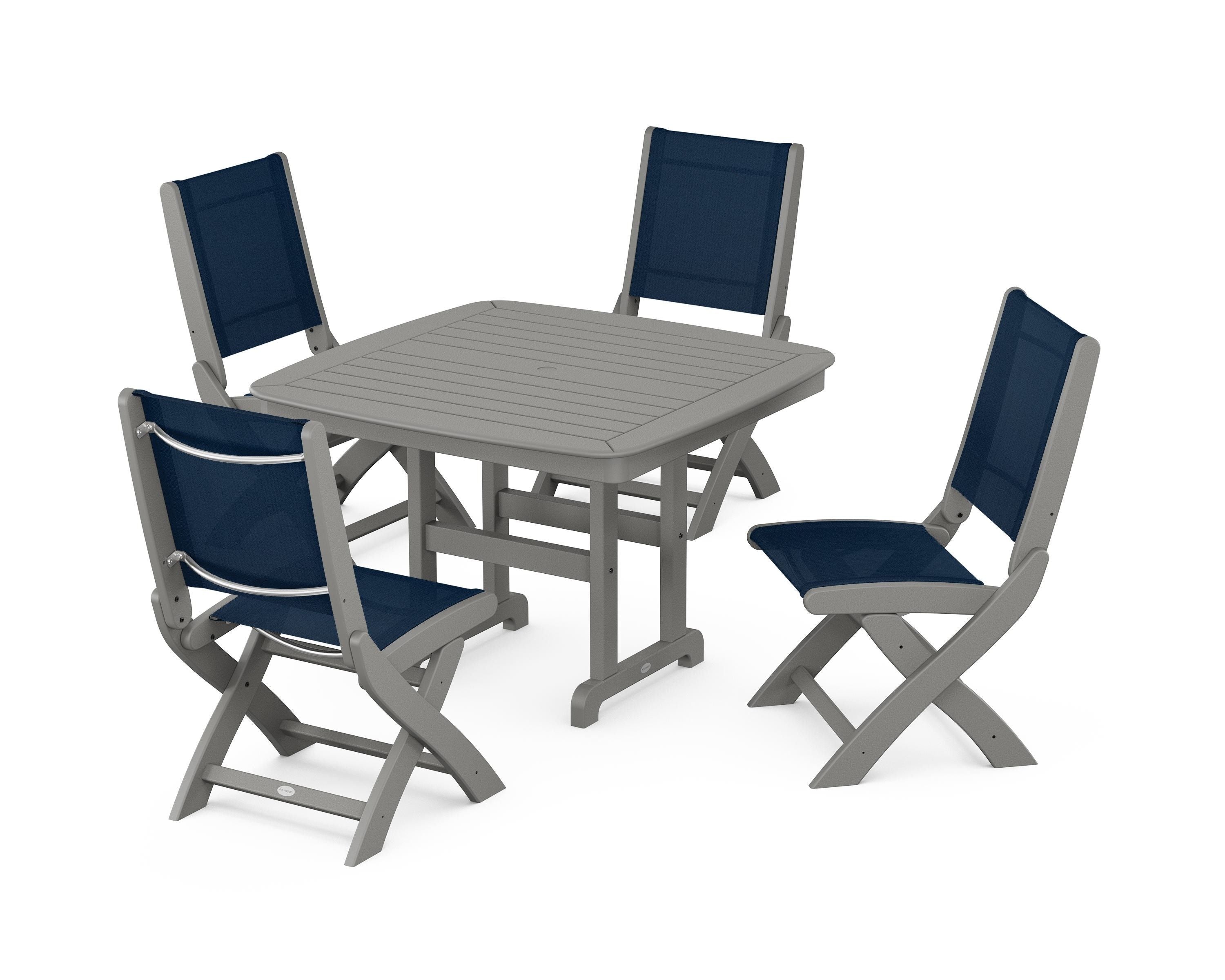 POLYWOOD® Coastal Folding Side Chair 5-Piece Dining Set in Slate Grey / Navy Blue Sling