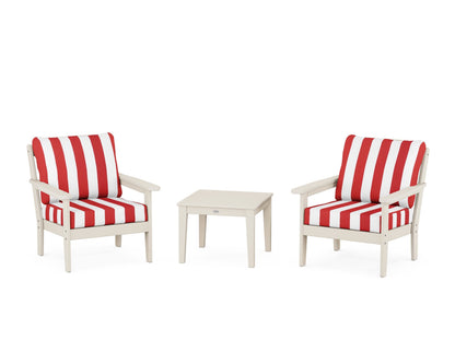 Country Living Cottage 3-Piece Deep Seating Set in Sand / Cabana Stripe Crimson