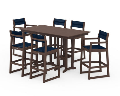 POLYWOOD® EDGE Sling 7-Piece Farmhouse Bar Set in Mahogany / Navy Blue Sling