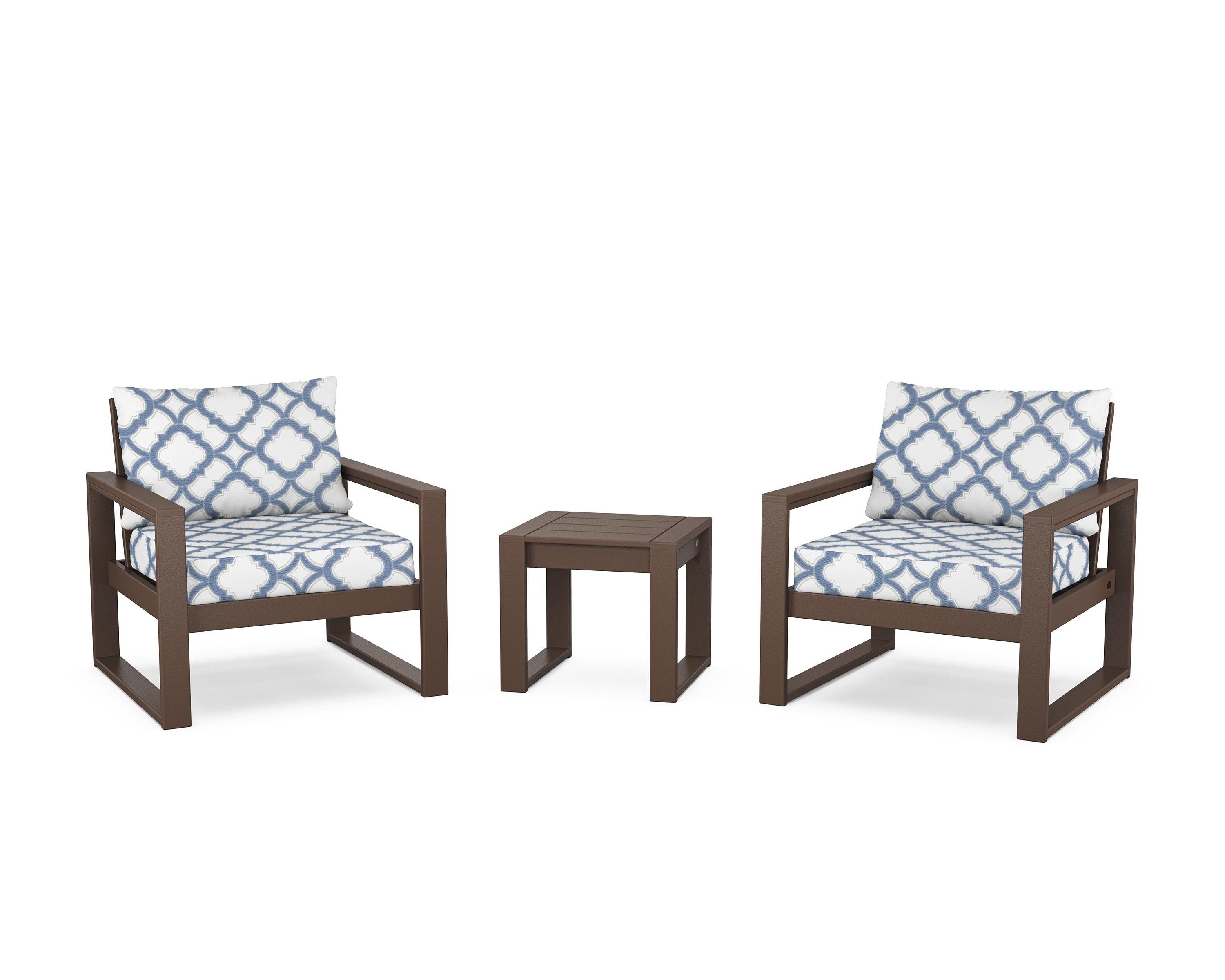 POLYWOOD® EDGE Sectional 3-Piece Deep Seating Set in Mahogany / Trellis Sky Blue