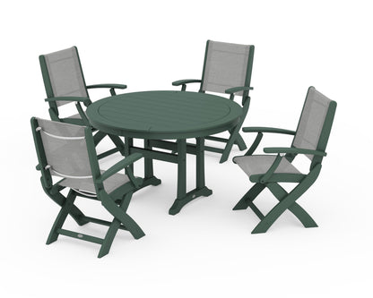 POLYWOOD® Coastal Folding Chair 5-Piece Round Dining Set with Trestle Legs in Green / Metallic Sling