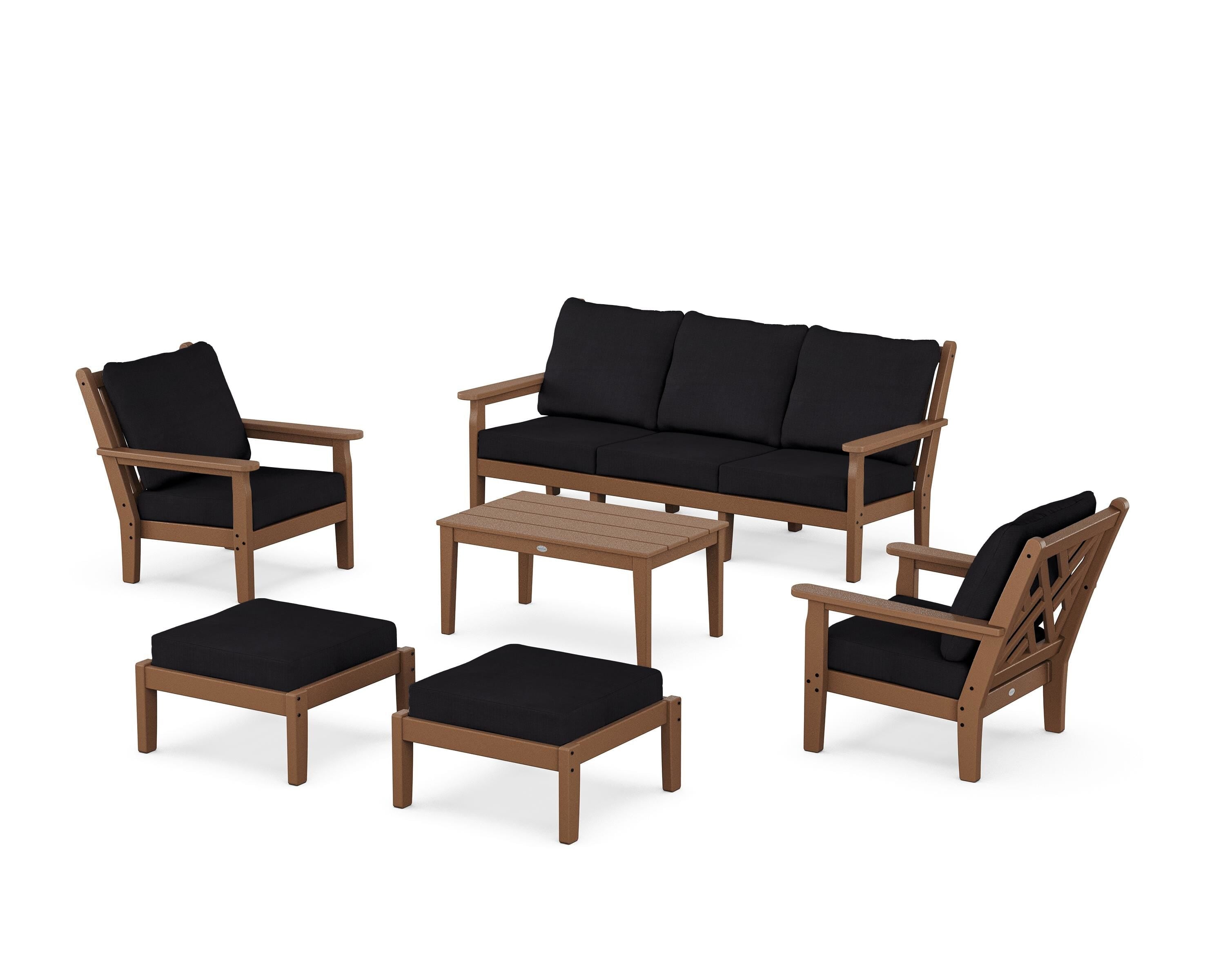 POLYWOOD® Chippendale 6-Piece Lounge Sofa Set in Teak / Midnight Linen