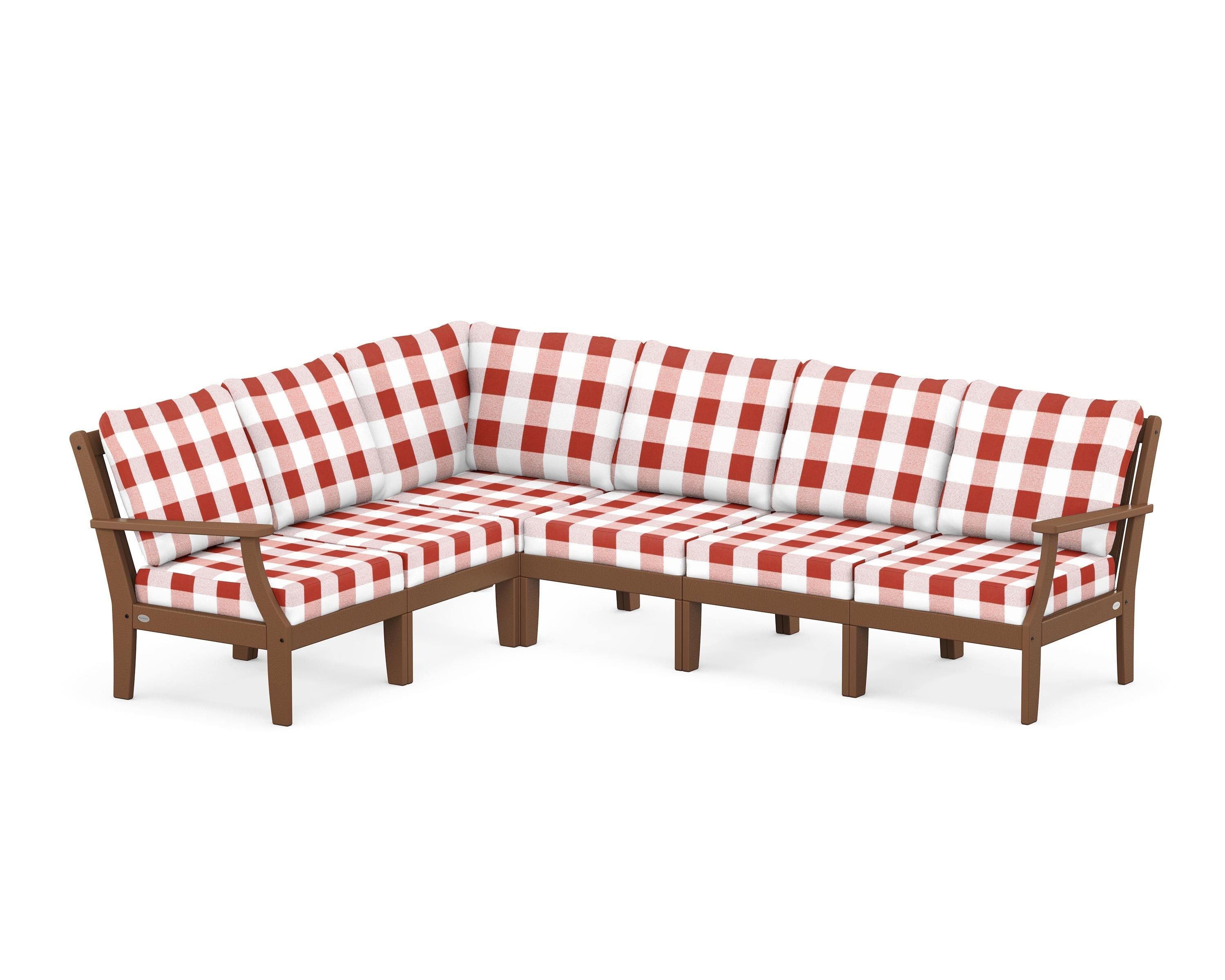 POLYWOOD® Braxton Modular 6-Piece Deep Seating Set in Teak / Buffalo Plaid Crimson