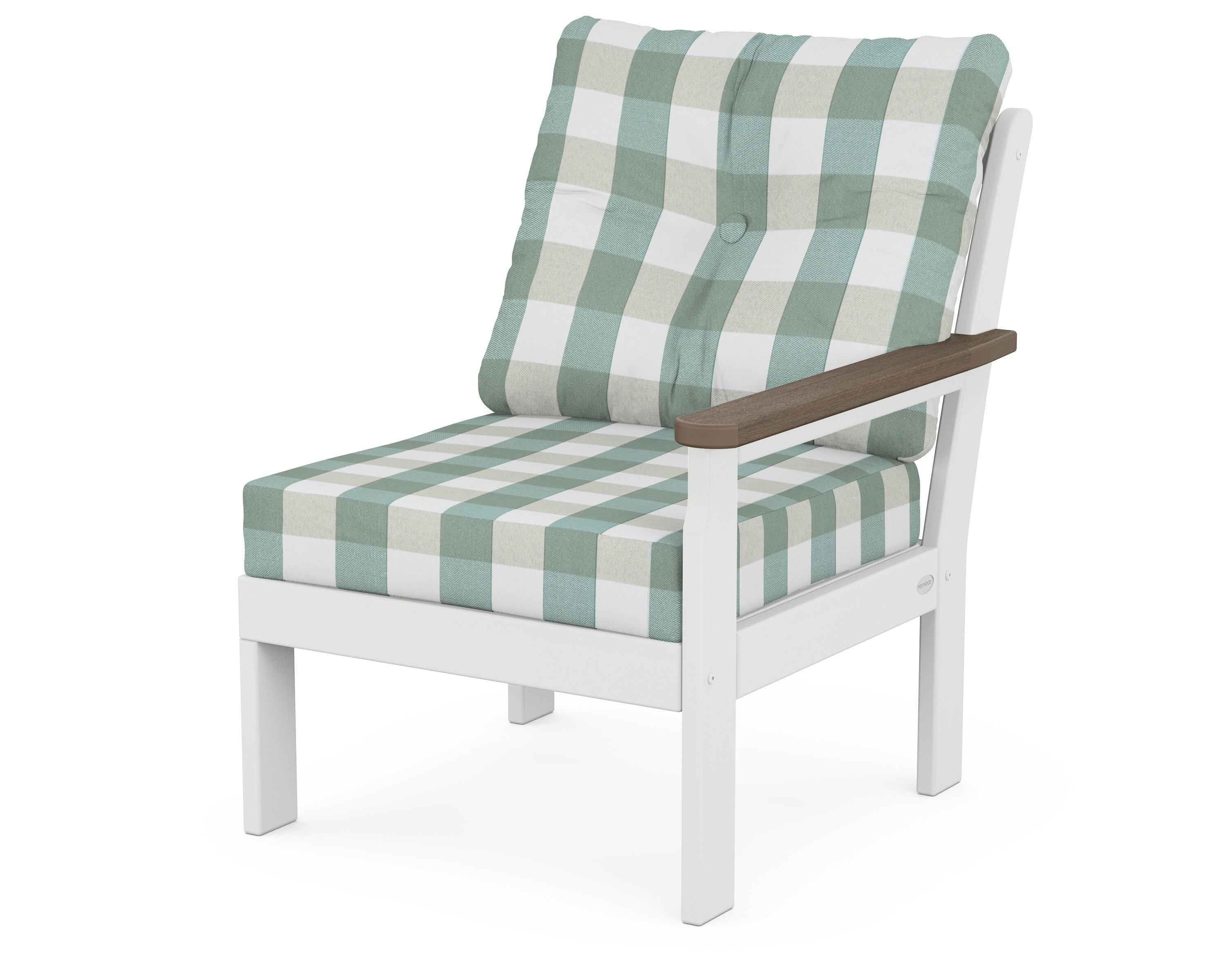 POLYWOOD® Vineyard Modular Right Arm Chair in White / Kona / Buffalo Plaid Glacier Spa
