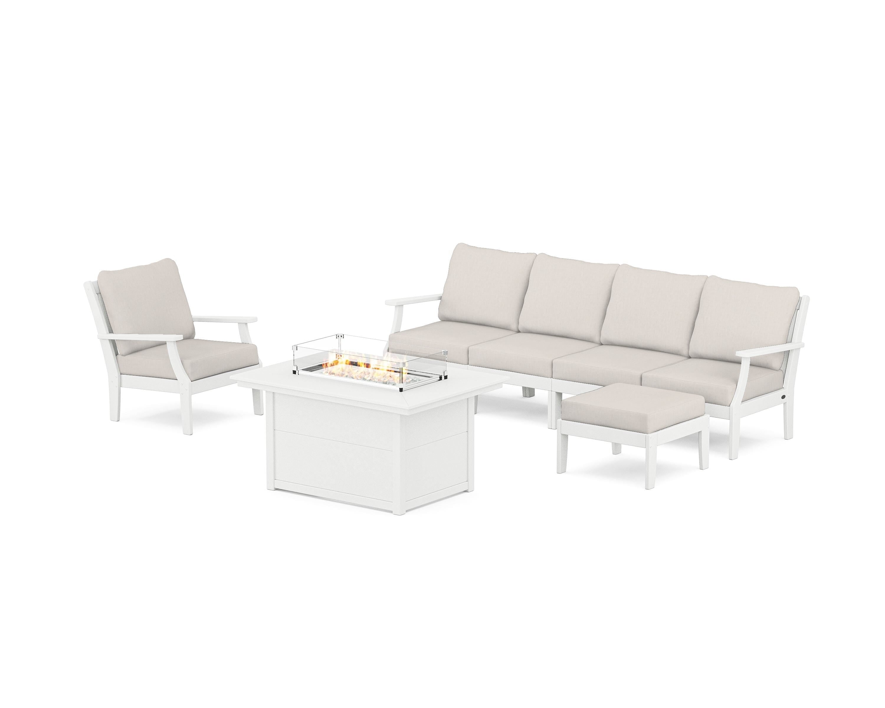POLYWOOD® Braxton Sectional Lounge and Fire Pit Set in Vintage White / Cast Ash