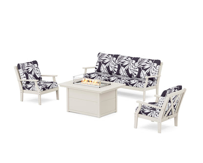 POLYWOOD® Braxton Deep Seating Fire Pit Table Set in Sand / Leaf Navy