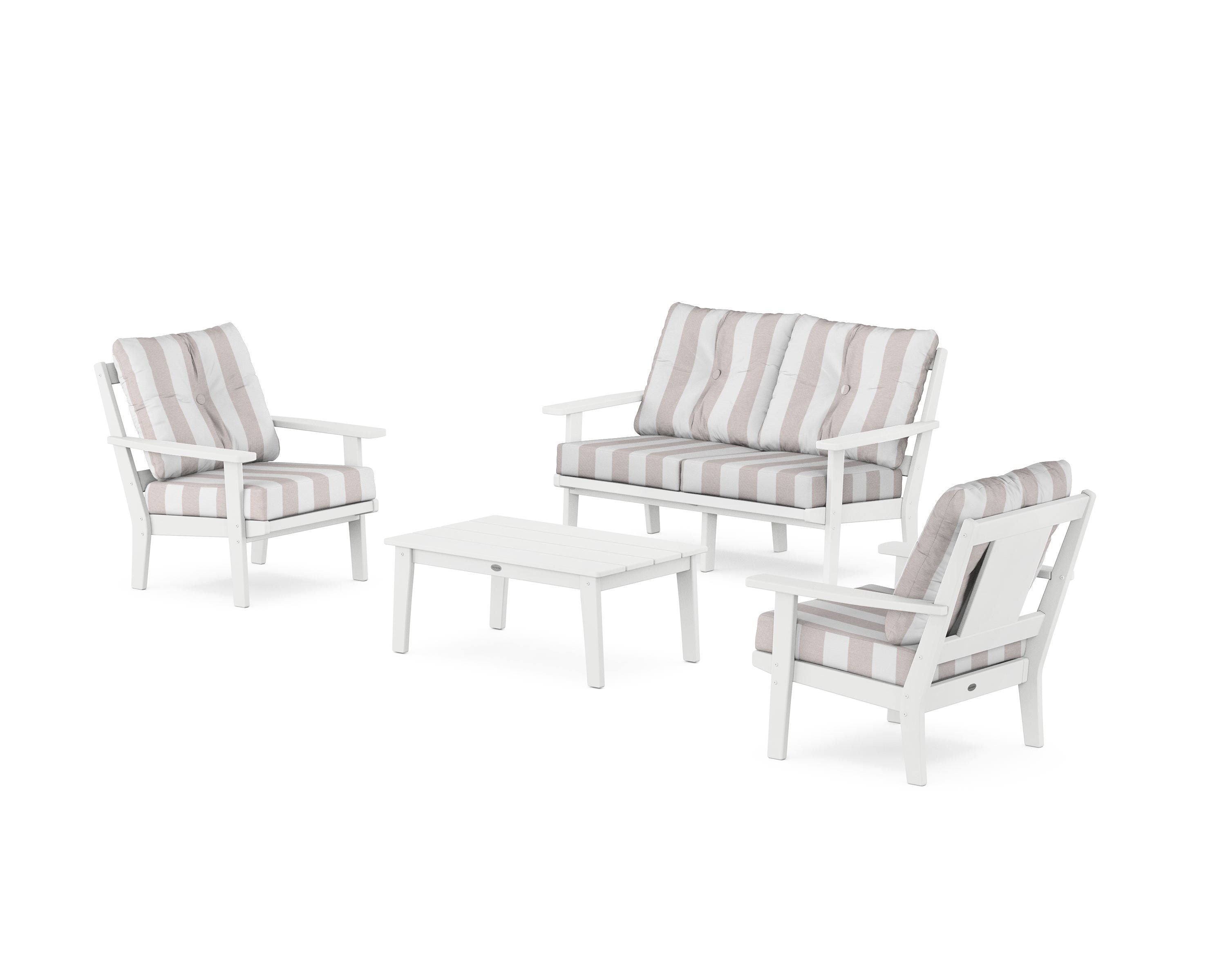 POLYWOOD® Prairie 4-Piece Deep Seating Set with Loveseat in White / Cabana Stripe Dune Burlap