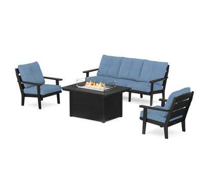 POLYWOOD® Lakeside Deep Seating Fire Pit Table Set in Black / Sky Blue