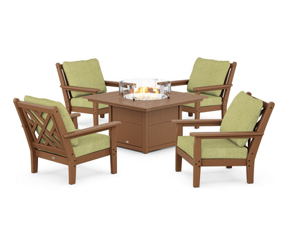 POLYWOOD® Chippendale 5-Piece Deep Seating Set with Fire Pit Table in Teak / Chartreuse Boucle