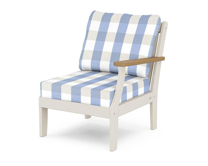 POLYWOOD® Braxton Modular Right Arm Chair in Sand / Natural / Buffalo Plaid Sky Blue