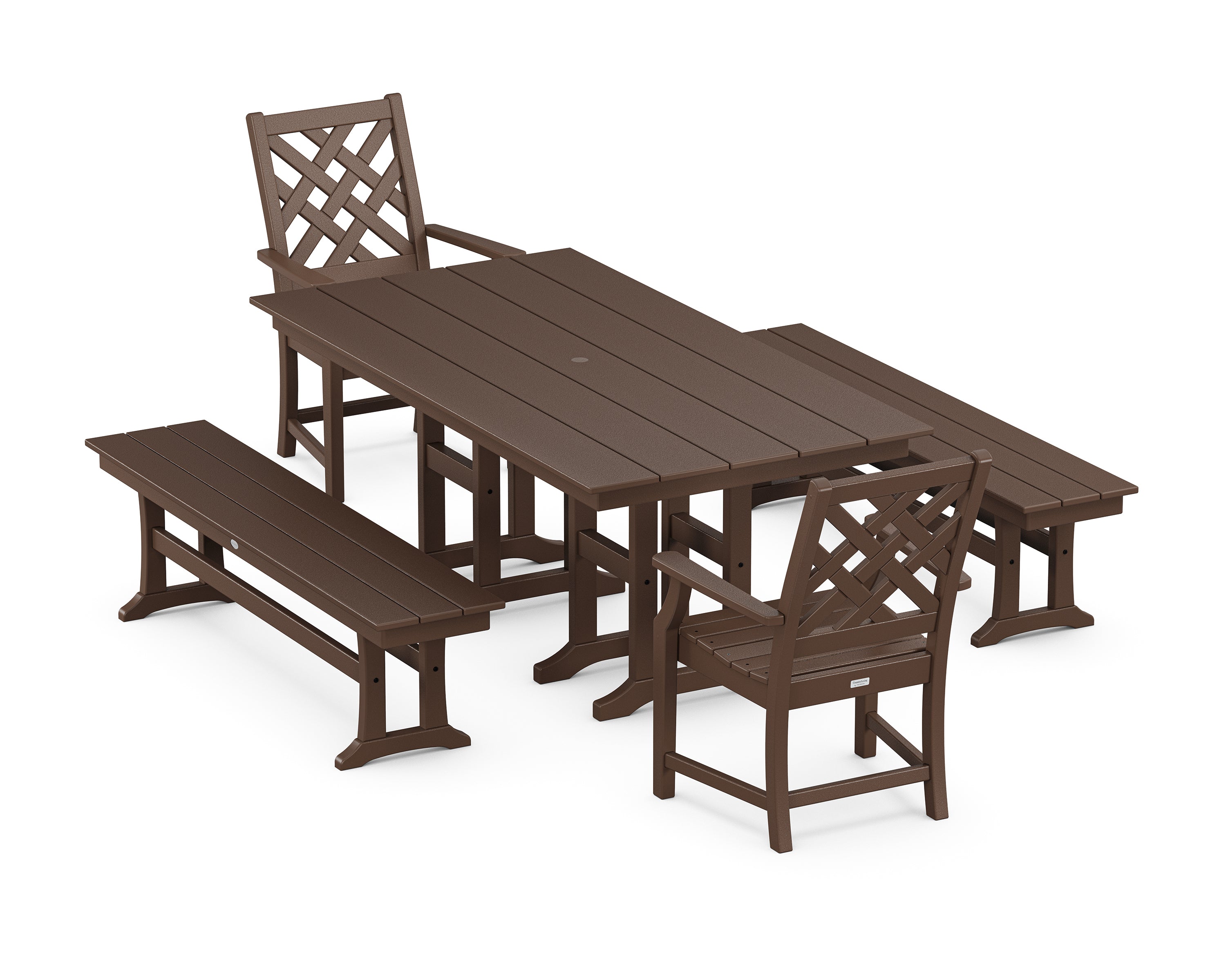 Country Living Wovendale 5-Piece Farmhouse Dining Set with Benches in Mahogany