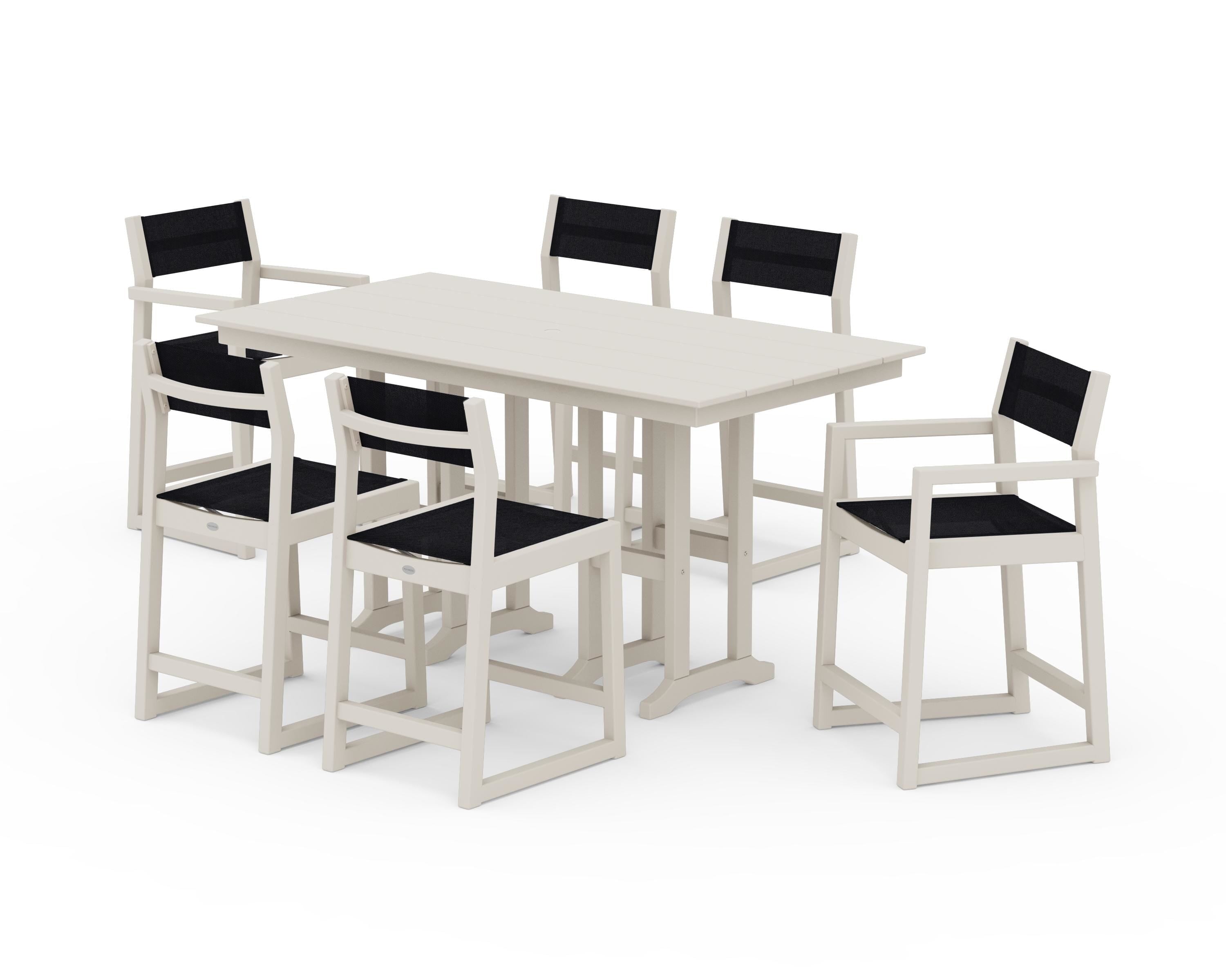 POLYWOOD® EDGE Sling 7-Piece Farmhouse Counter Set with Trestle Legs in Sand / Black Sling