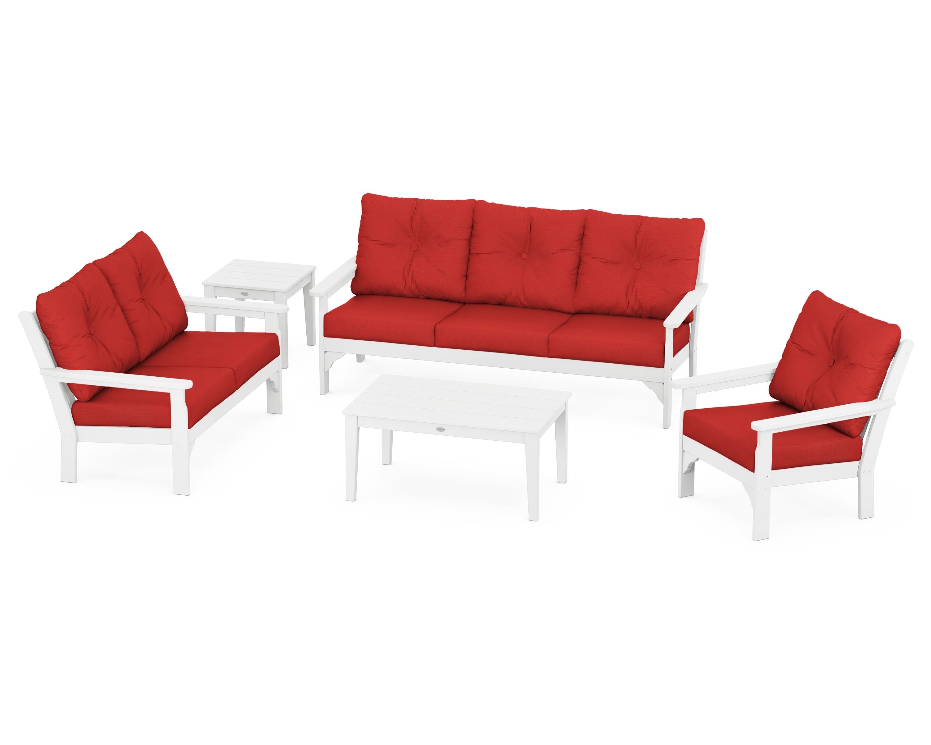 POLYWOOD® Vineyard 5 Piece Deep Seating Set in White / Crimson Linen
