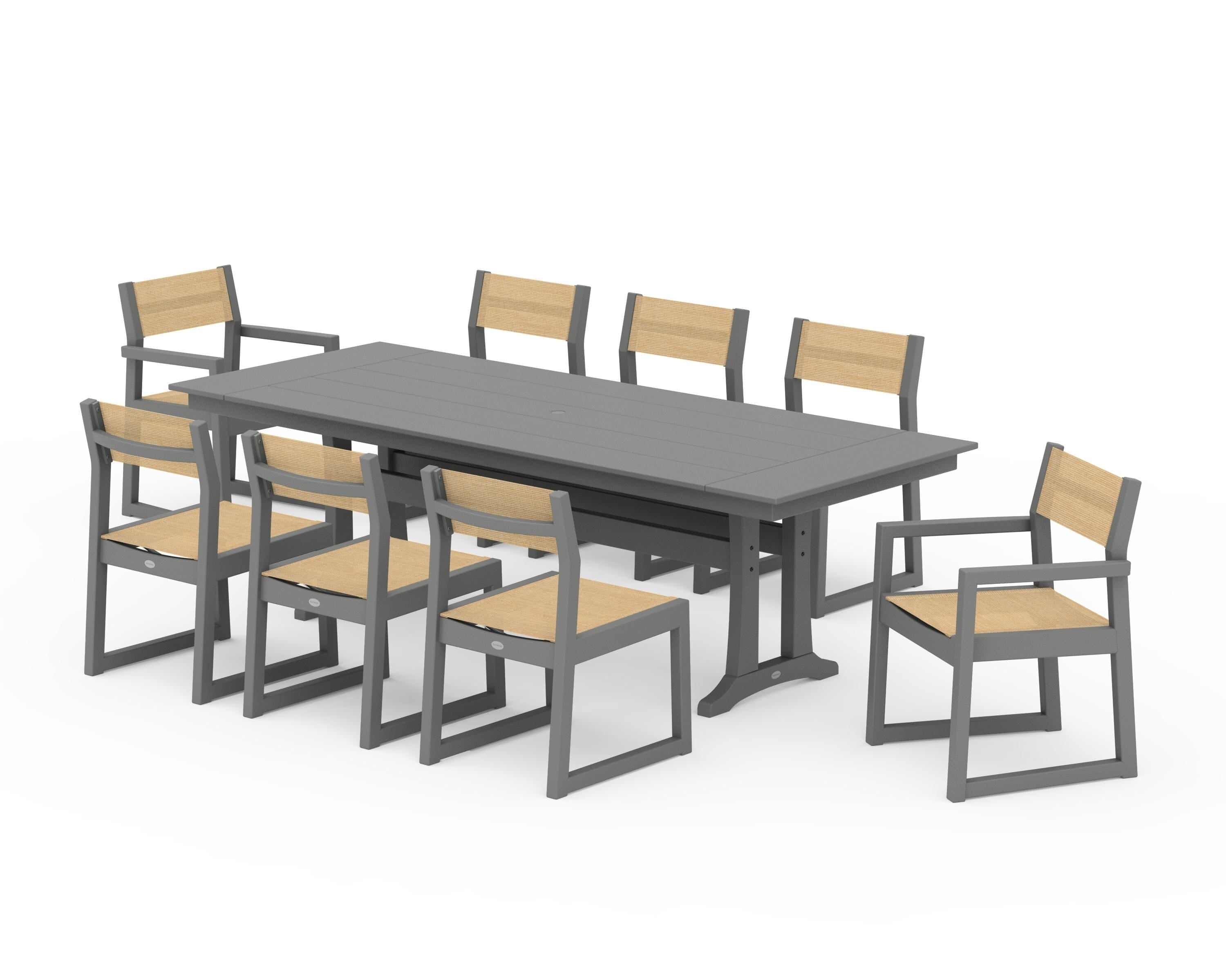 POLYWOOD® EDGE Sling 9-Piece Farmhouse Trestle Dining Set in Slate Grey / Dupioni Apricot Sling