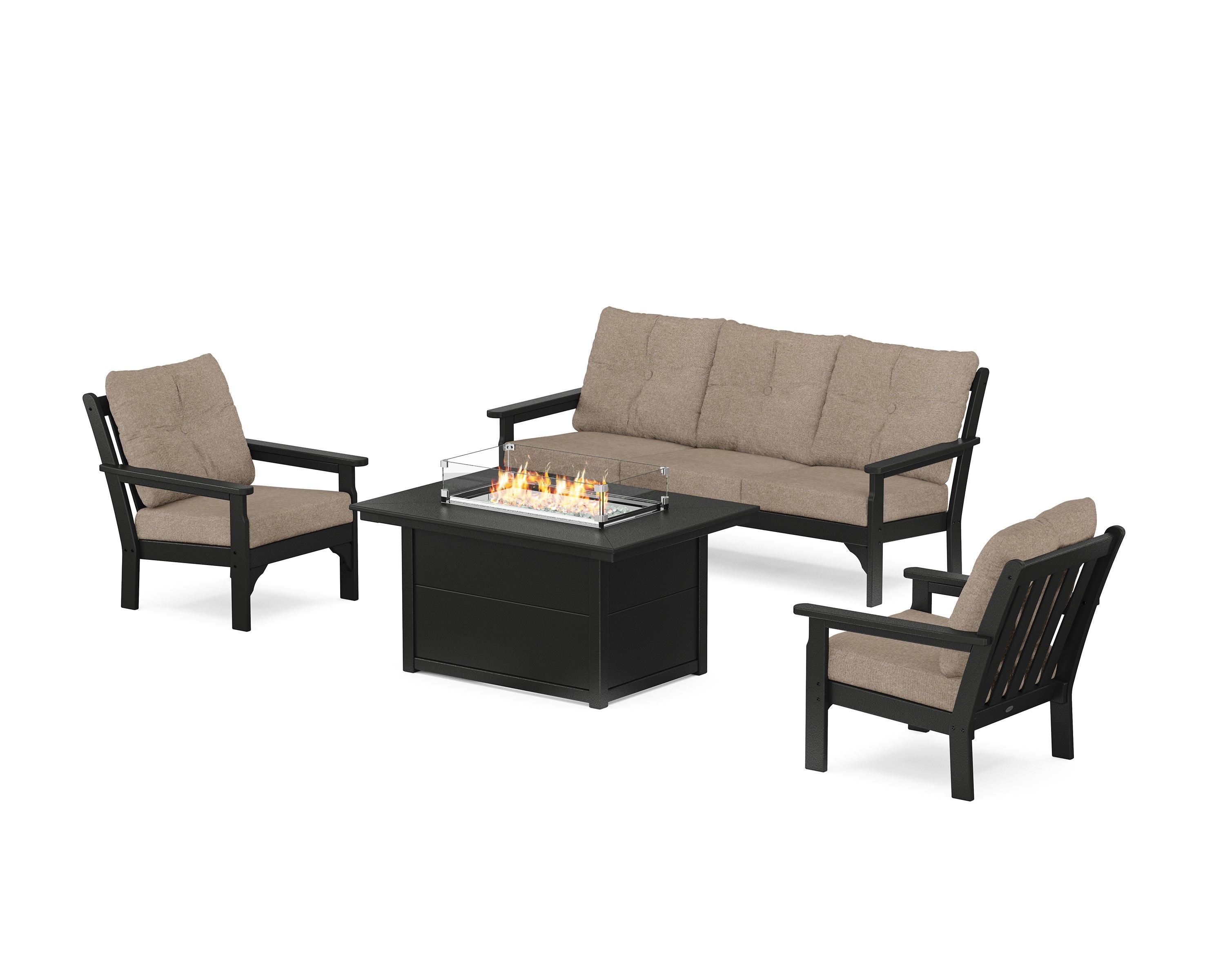 POLYWOOD® Vineyard Deep Seating Fire Pit Table Set in Black / Spiced Burlap