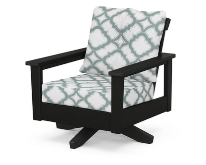 POLYWOOD® Prescott Deep Seating Swivel Chair in Black / Trellis Glacier Spa