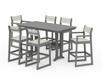 POLYWOOD® EDGE Sling 7-Piece Farmhouse Bar Set with Trestle Legs in Slate Grey / Parchment Sling