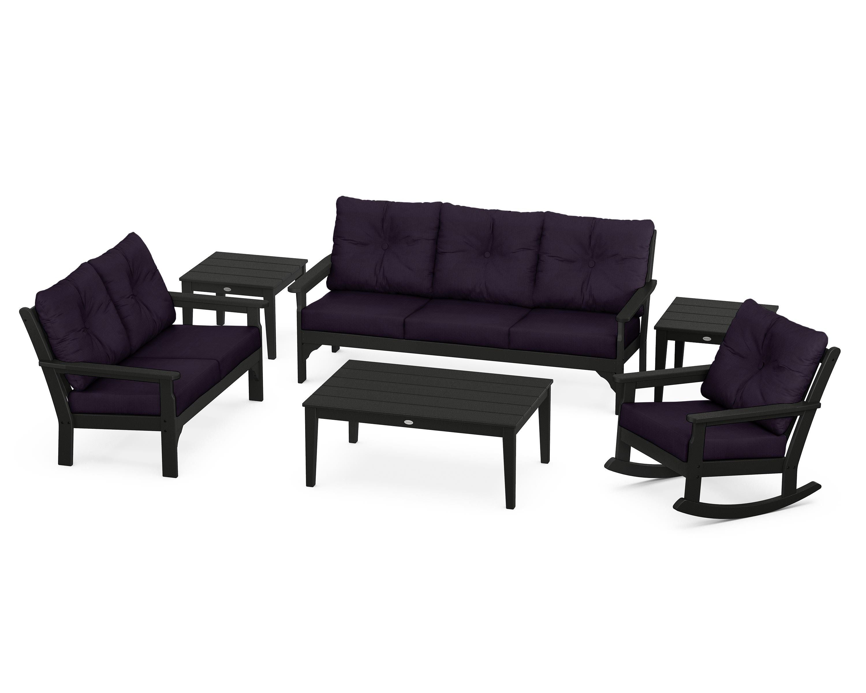 POLYWOOD® Vineyard 6-Piece Deep Seating Set in Black / Navy Linen