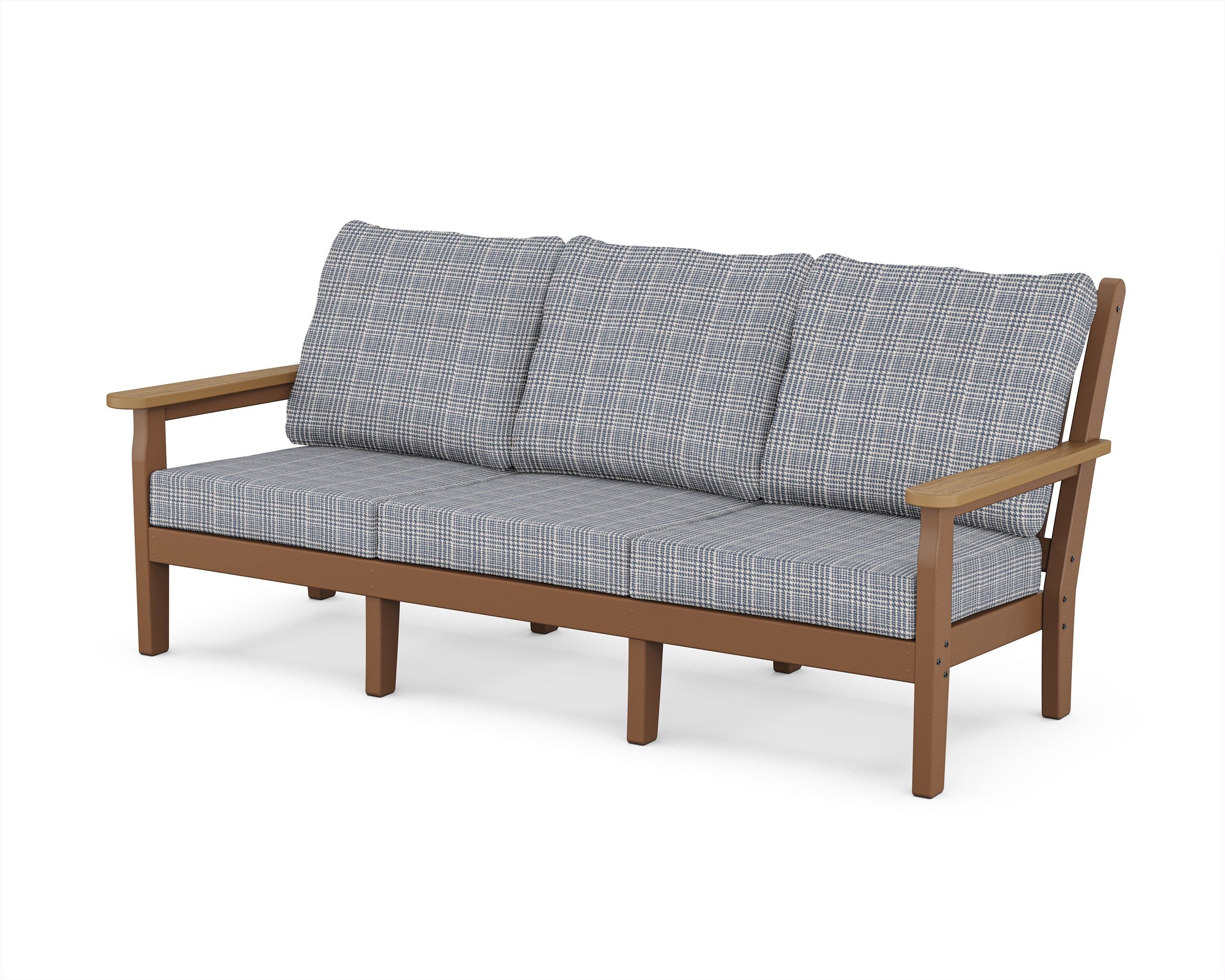 POLYWOOD® Chippendale Deep Seating Sofa in Teak / Natural / Houndstooth Sky Blue