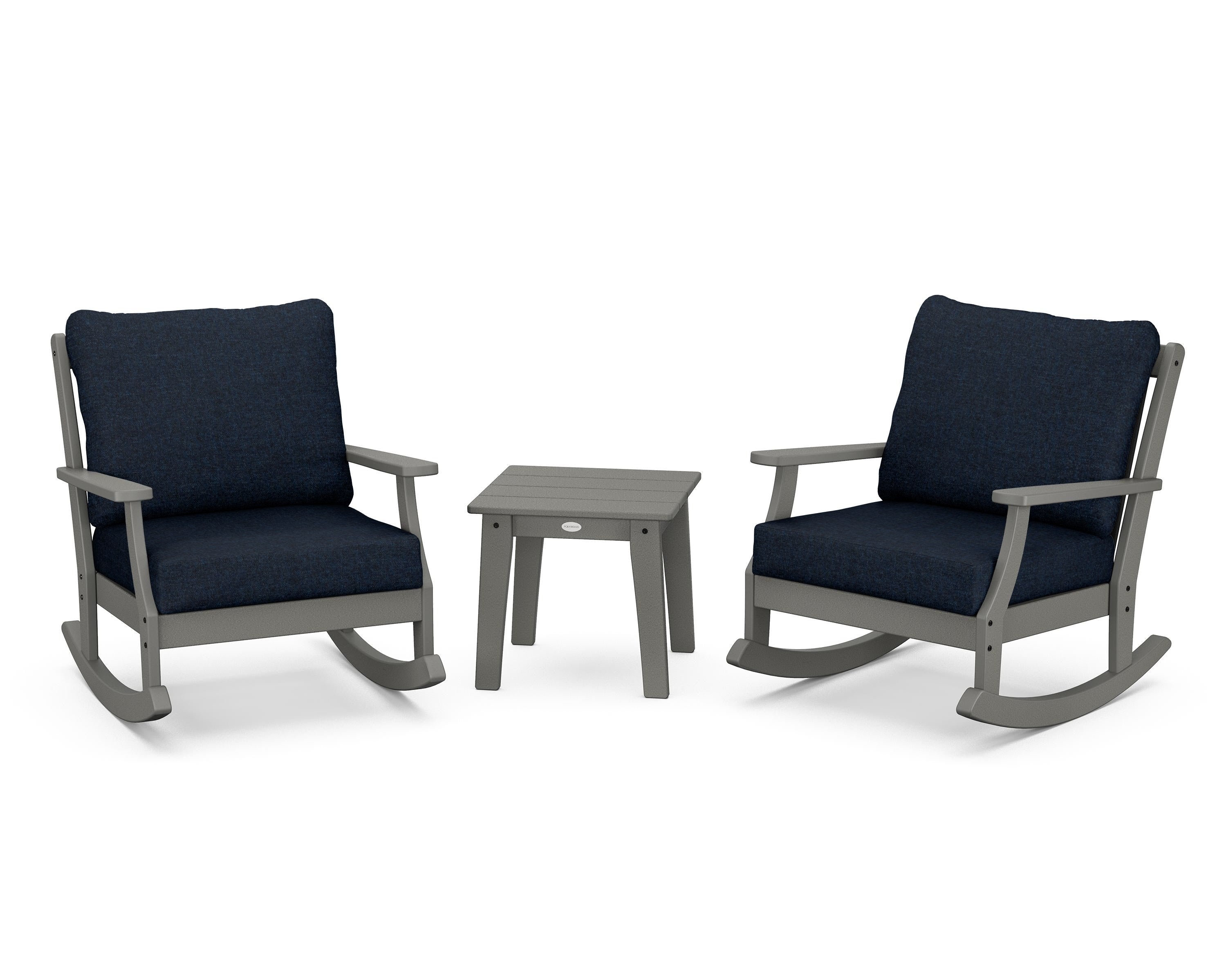 POLYWOOD® Braxton 3-Piece Deep Seating Rocker Set in Slate Grey / Marine Indigo