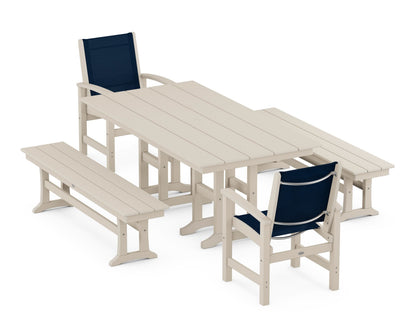POLYWOOD® Coastal 5-Piece Farmhouse Dining Set in Sand / Navy Blue Sling