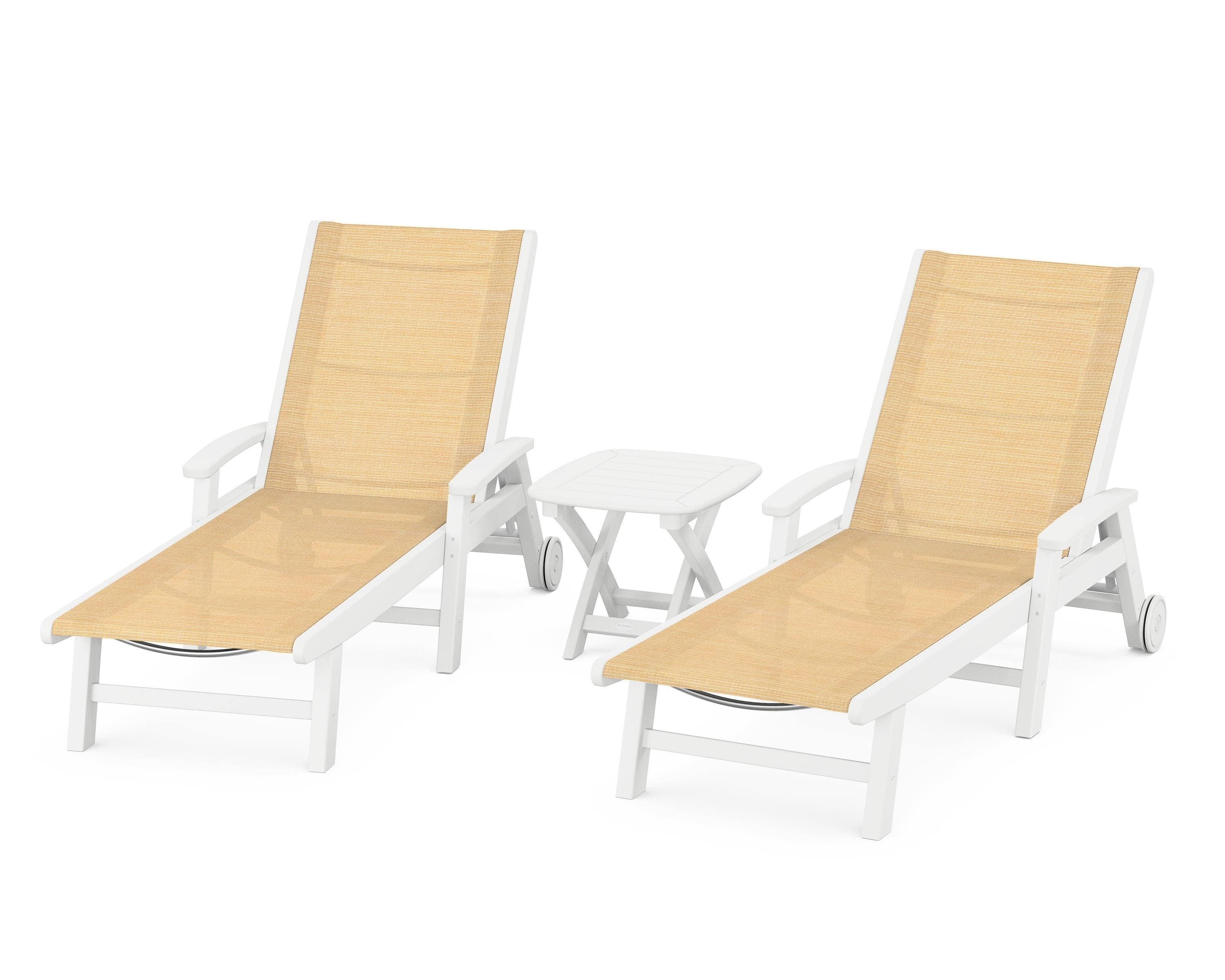 POLYWOOD® Coastal 3-Piece Wheeled Chaise Set in White / Dupioni Apricot Sling