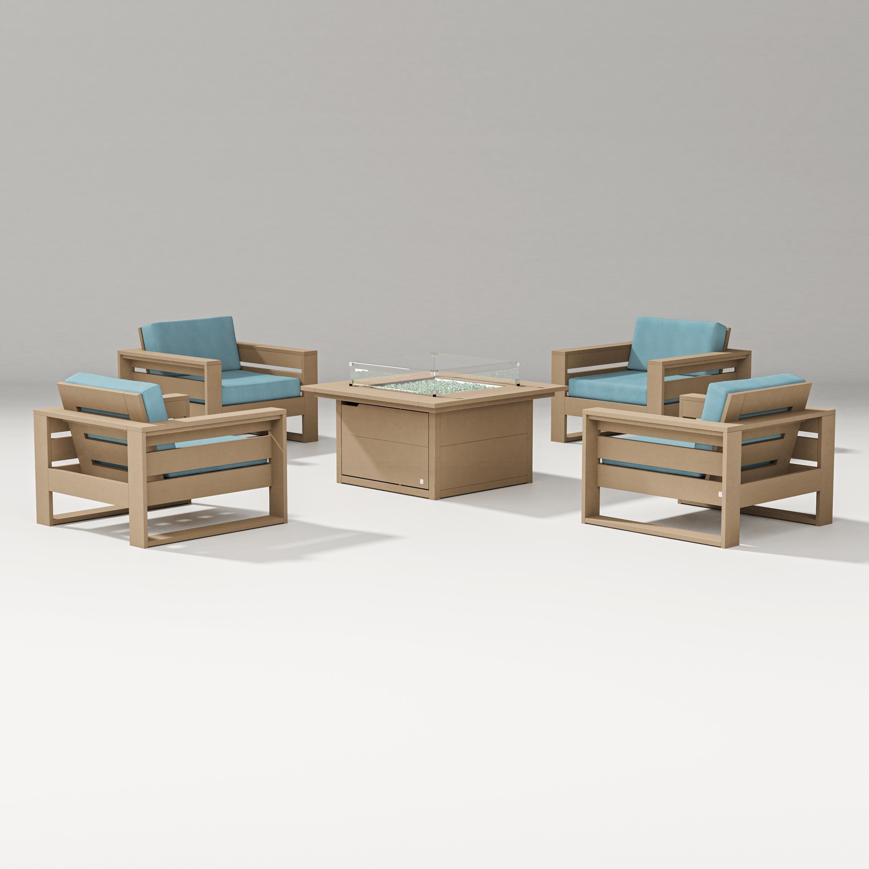 PW Designer Series Latitude 5-Piece Lounge Fire Table Set in Vintage Sahara / Lattice Sky Blue